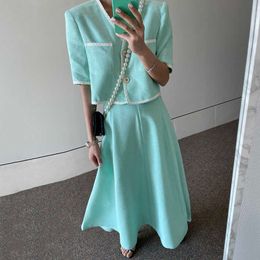 Chic Sweet V Neck Two Button Short Sleeve Coat High Waist Big Swing Pleated Skirts Fashion Matching Sets Dress Blue Pink Elegant 210610