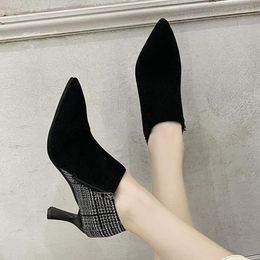 Boots 2021 Winter Women Bare High Heels Black Flock Ankle Boot Patchwork Booties Pointed Toe Dress Shoes Thin Shoe 8537G
