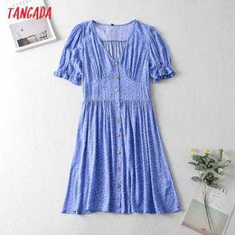 Tangada Summer Women Flowers Print French Style A-line Dress Puff Short Sleeve Ladies Sundress JA01 210609