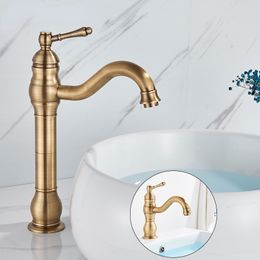Brass Antique Brass Deck Mounted Bathroom Faucet Basin Faucet Hot Cold Mixer Crane Basin Faucet Water Column High Short Style