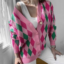 Bornsra Autumn Winter Diamond Geometric Loose Mid-length Sweater Cardigan Jacket High Street Knit Woman Female 210922