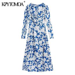 KPYTOMOA Women Chic Fashion Floral Print Front Slit Midi Dress Vintage Square Collar Long Sleeve Female Dresses Mujer 210409