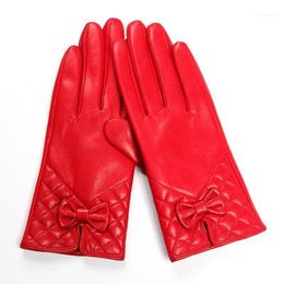 Gloves Lambskin Butterfly Knot Real Leather Winter Warm Plus Velvet Thicken Woman's Sheepskin DQ61231