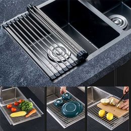 Stainless Steel Folding Dish Drainers Drying Rack Over Sink Roll Up Drainer Multipurpose For Kitchen Storage Organiser Holder 211215