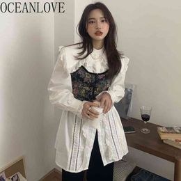 Peter Pan Collar Shirts Solid White Long Sleeve Spring Blusas Mujer Vintage Elegant Loose Chiffon Blouses Women Tops 210415