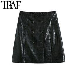 Women Fashion With Metal Buttons Faux Leather Mini Skirt Vintage A Line High Waist Female Skirts Mujer 210507