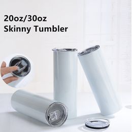 Blank Sublimation Tumbler 20oz 30oz Skinny Tumblers Straight Cups Stainless Steel Slim Insulated Travel Coffee Mug