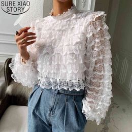 Casual White Lace Blouse Blusas Mujer De Moda Plus Size Women Clothing Vintage Long Sleeve Loose Ladies Tops 12869 210417