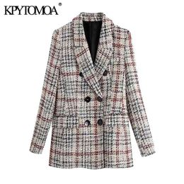 Women Fashion Double Breasted Tweed Cheque Blazers Coat Long Sleeve Pockets Female Outerwear Chic Tops 210420