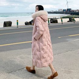 Winter Snowflake Embroidered Horn Button Down Jacket Women's Long Over The Knee Fur Collar Hood Chic Coat Female 210520