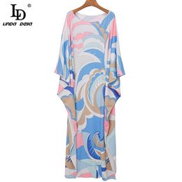 Fashion Runway Summer Women Loose Vintage Floor-Length Dress Female O-Neck Batwing sleeve Printing Maxi Dresses 210522