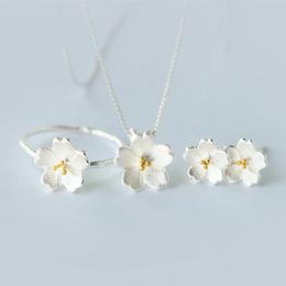 Earrings & Necklace 2021 Trendy Cherry Blossoms Flower Jewellery Set For Women Elegant Silver Colour Ring Chain Sets Gift