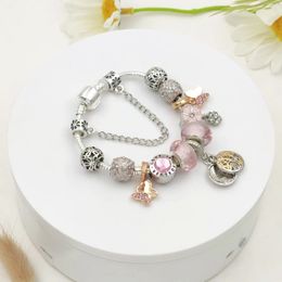 Fashion 925 Sterling Silver Pink Murano Lampwork Glass & European Charm Beads Butterfly Five Petals Flower Crystal Dangle Fits Pandora Charm Bracelets Necklace B8