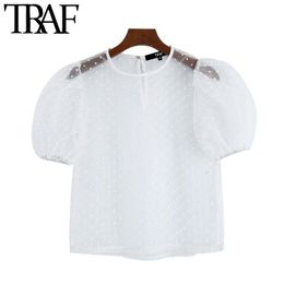 TRAF Women Vintage Sexy Transparent Dotted Mesh Cropped Blouses Fashion O Neck Short Sleeve Female Shirts Blusas Chic Tops 210415