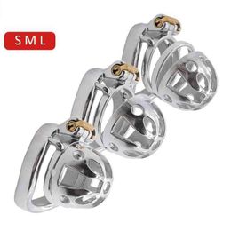 NXY Cockrings Frrk penile chastity cage subminiature metal device steel ring with bird lock binding BDSM CBT sex toys 220106