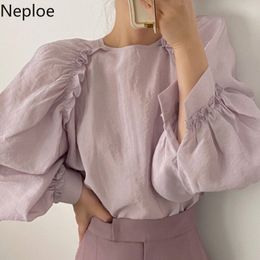 Neploe Korean Chic Tops Female Summer Vintage Blouses Women Loose O-neck Lantern Sleeve Shirts Elegant White Blusas Mujer 95451 210422
