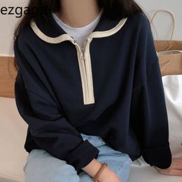 Ezgaga Women Sweatshirt Streetwear Korean Chic Autumn Turn-Down Collar Zipper Loose Pullover Ladies Tops Fashion Casual 210430