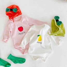 Autumn born Girls Jumpsuits Clothes Baby Knit Apple Snow Pear Rompers + Hat Knitted Long Sleeve Children 210429