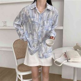 Retro Loose Korean Shirt Tie Dye Print Long See Through Chic Turn-Down Sleeve Elegant Blouse Female Blusa 210601
