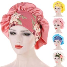 Satin Bonnets Women Wide Elastic Band Floral Print Silky Headwrap Hair Cover Hat Night Sleeping Cap Nightcap Baotou Sleeping Cap