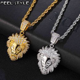Hip Hop Full Iced Out Bling Lion Necklace Rhinestone Silver Colour Pendants & Necklaces For Men Jewellery With Tennis Chain X0509