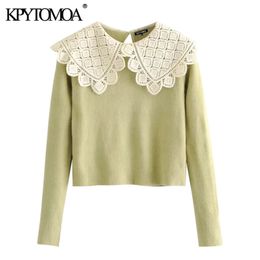 Women Sweet Fashion Lace Patchwork Cropped Knitted Sweater Long Sleeve Female Pullovers Chic Tops 210420