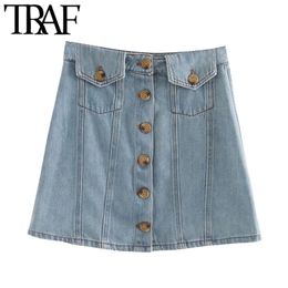Women Chic Fashion With Pockets Denim Mini Skirt Vintage High Waist Button Fly Female Skirts Mujer 210507