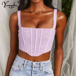 Sexy square neck Summer crop top women Club outfits party Mesh tank top Halter Bustier y2k tops corset tops to wear out clothes 210401