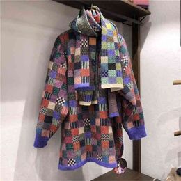 HSA Europanes Tops Women Retro Swearer and Pullovers 2 pieces with Scarf Pull Sweaters Colourful Plaid Jumpers 20808 210430