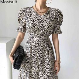 Korean Leopard Printed Women Long Dress Summer Short Sleeve O-neck A-line Midi Dresses Vintage Elegant Party Vestidos 210513
