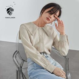 FANSILANEN Lace patchwork vintage blouse shirt Women long sleeve casual button up Female spring elegant office lady top 210607