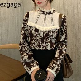 Ezgaga Floral Printed Women Shirts French Style Lace Patchwork Tassel Vintage Tender Long Sleeve Elegant Blouse Ladies Blusas 210430