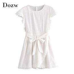 Women Lace Patchwork White Cotton Dresses Short Sleeve Solid Casual Sashes Dress Female O Neck Summer Elegant Mini Dress 210414
