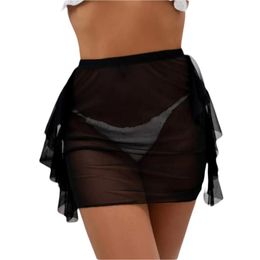 Women's Swimwear 2021 Fashion Women Sexy Bikini Cover Up High Waist Solid Skinny Ruffle See Through Mesh Mini Skirt Beach Bathing Suit