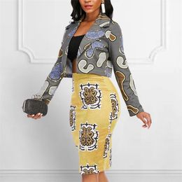 Women Printed 2 Pieces Set Blazer Coat Pencil Skirt Slim Long Sleeve Tops Office Ladies Elastic Autumn Fashion Classy Suits XXL 210416