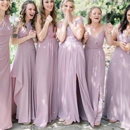 2021 Lavendor Bridesmaid Dresses Chiffon Boho Plus Size A Line V Neck Spaghetti Straps Custom Made One Shoulder Maid of Honour Gown Beach Wedding Guest Vestidos