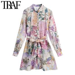 TRAF Women Chic Fashion With Belt Floral Print Mini Dress Vintage Long Sleeve Button-up Female Dresses Vestidos Mujer 210415