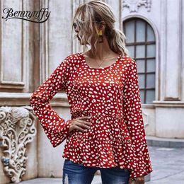 Casual Dot Print Long Sleeve Blouse Women Autumn Round Neck Pleated Shirts Female Clothes Loose Tops and Blouses 210510