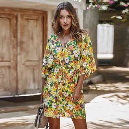 Summer Dress Women Boho Floral Print Sexy V-neck Party Mini Dress Beach Holiday Casual Dress Fashion Clothes Women Clothing 210409