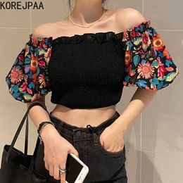 Korejpaa Women Shirt Summer Korean Chic Ladies Sexy One-Line Collar Off-Shoulder Folds Flower Puff Sleeves Stitching Blouse 210526