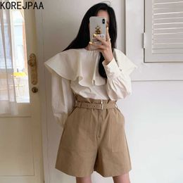 Korejpaa Women Sets Summer Korean Chic Female Loose Puff Sleeve Lotus Leaf Collar Shirt High Waist Zipper Casual Shorts 210526