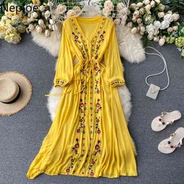 Neploe Boho V Neck Embroidery Dress Summer Midi Long Chiffon Party Dresses Casual A-line Beach Holiday Elegant Vestidos 210423