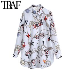 TRAF Women Fashion Oversized Printed Button-up Blouses Vintage Long Sleeve Side Vents Female Shirts Blusas Chic Tops 210415