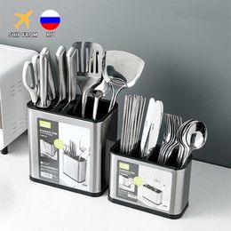 Kitchen Cutlery Organiser Knife Stand Plastic Drain Storage Holder Spoon Fork Chopstick Kitchenware Cooking Tool Tray Shelf Box 211112