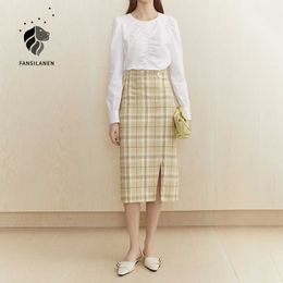 FANSILANEN High waist elegant yellow long plaid skirt Women sexy split vintage pencil Office lady Chequered bodycon 210607