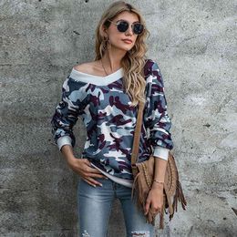 Women Camouflage Printed Sweatshirt Hoodies Autumn Winter V Neck Long Sleeve Hoodies Female Casual Basic Pullover Tracksuit Tops 210412