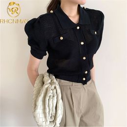 Fashion Elegant Women's Knitwear Summer Single Breasted Thin Puff Sleeve Knitting Sweater Cardigan Jacket Outwear 210506