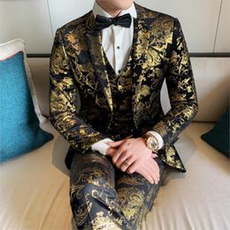 Bronzing Print Dress Men Suit Set 2021 Casual Business Two Buttons Gold Slim Fit Birthday Party Wedding Men's Suits 3 Piece Sets & Blazers