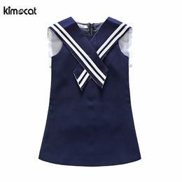 Kimocat Girl Summer Blue Naval stripe Sleeveless Cute princess dress Korean style for Baby Girls Designer Formal Party Dress Kid Q0716