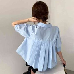 OL Fashion Chic Korean Summer Blue Short Front Long Back Pleated Blouse Women Loose Doll White Lapel Shirts Casual Blusas 210429